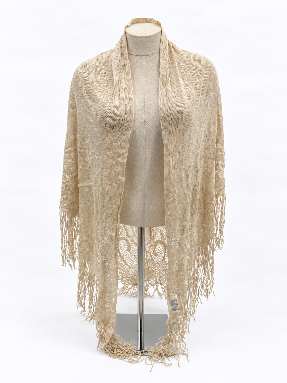 Vintage Gold Metallic Open Knit Fringe Shawl Wrap Evening Formal Made in Japan